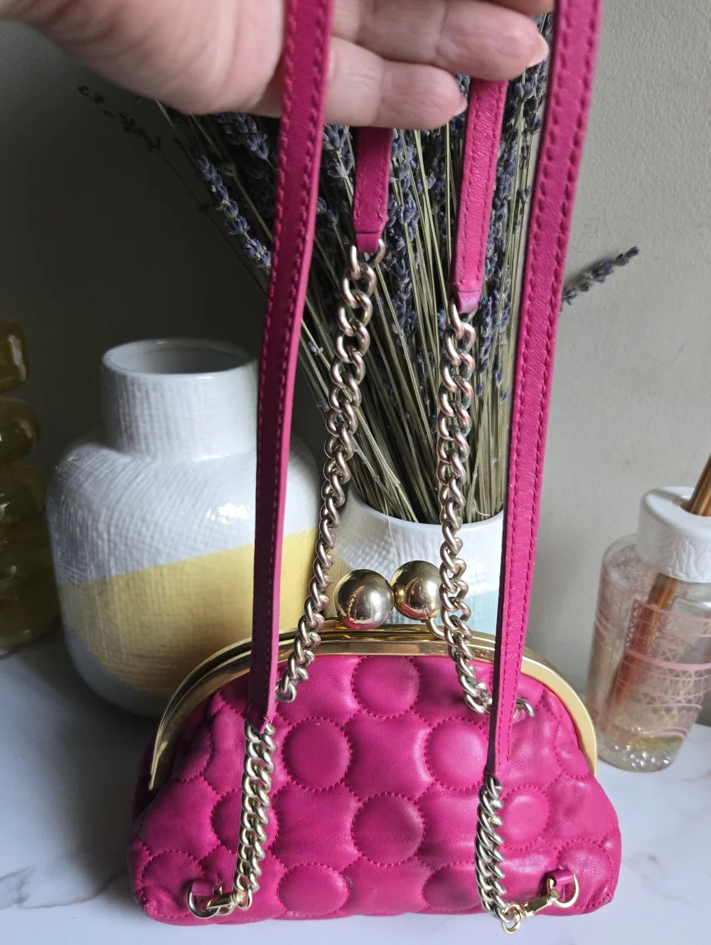Rare Vintage Moschino Kisslock Pink Quilted Leather Shoulder Bag & Backpack